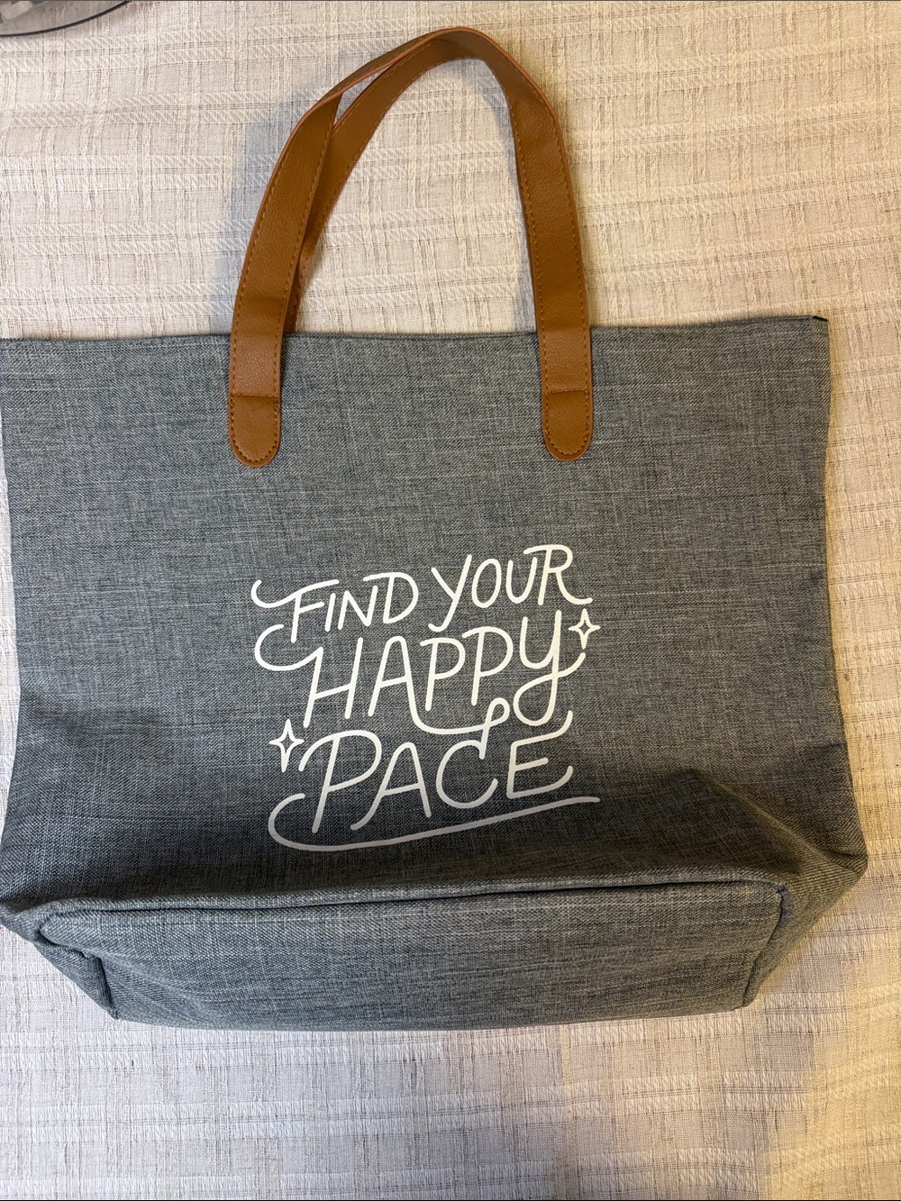 Brooks Gray Canvas Tote with Tan Handles and White Script